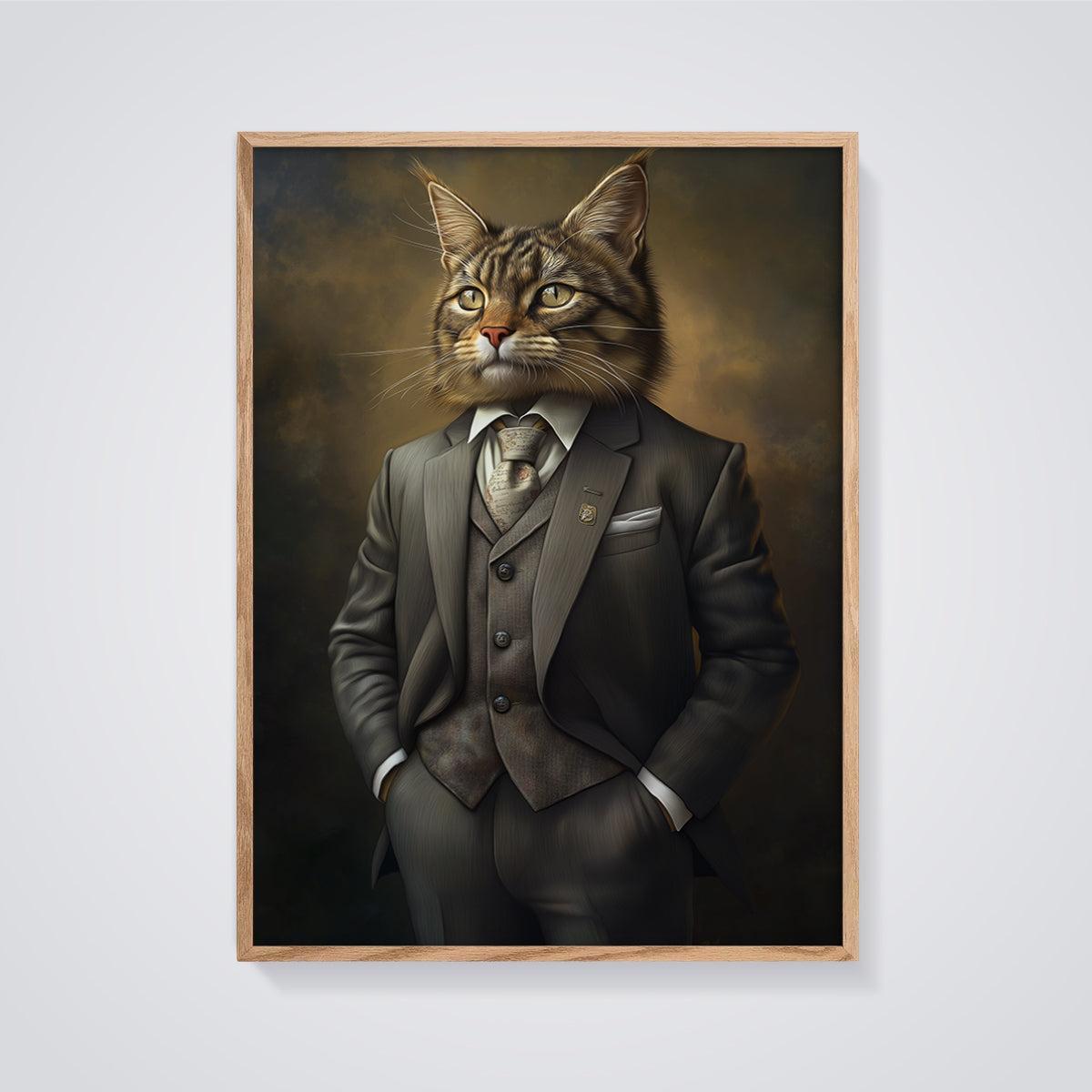 Gentleman Cat Portrait Print Poster framed in oak on a grey background