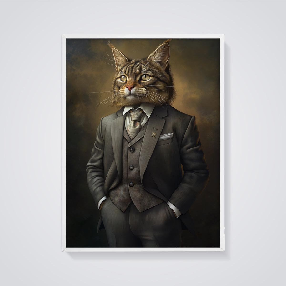 Gentleman Cat Portrait Print Poster framed in white on a grey background