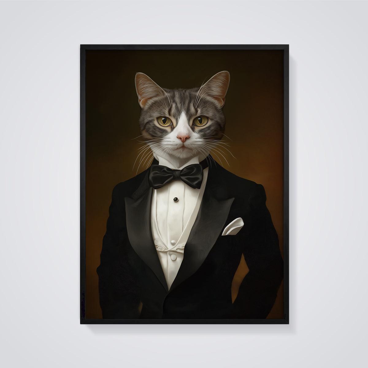Gentleman Cat Portrait Print framed in black on a grey background