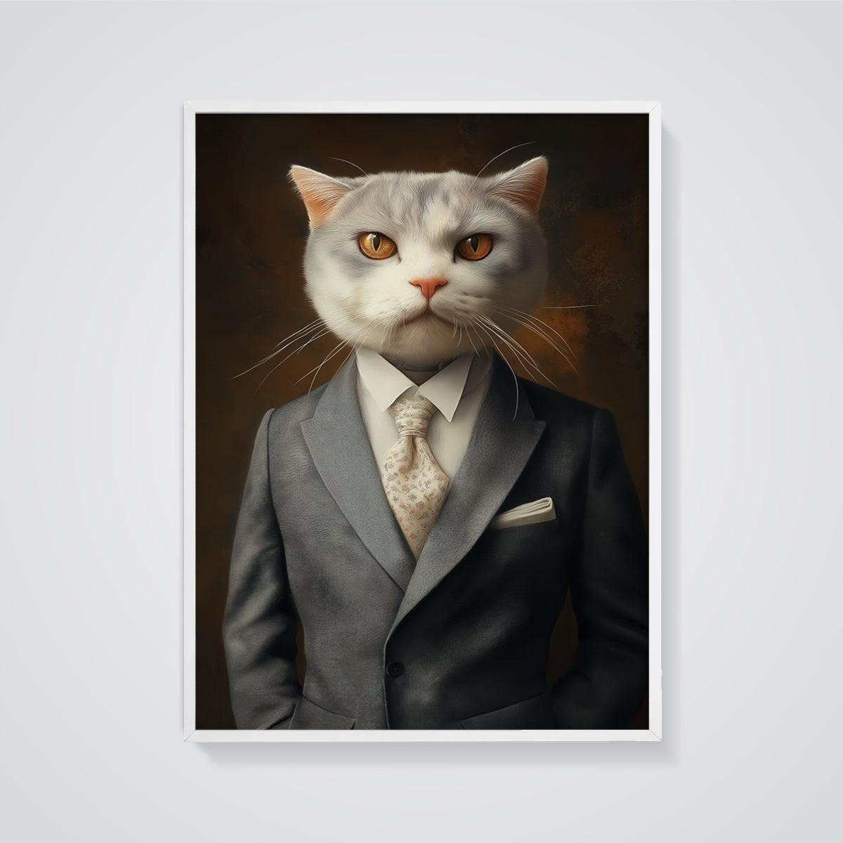 Gentleman Cat Print framed in white on a grey background