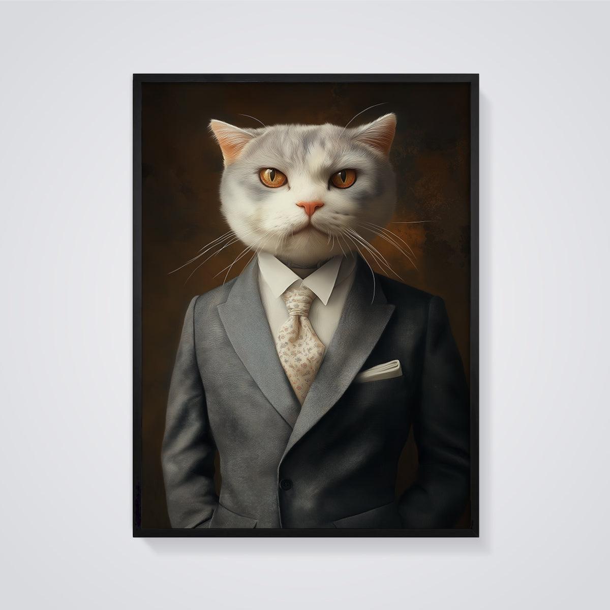 Gentleman Cat Print framed in black on a grey background