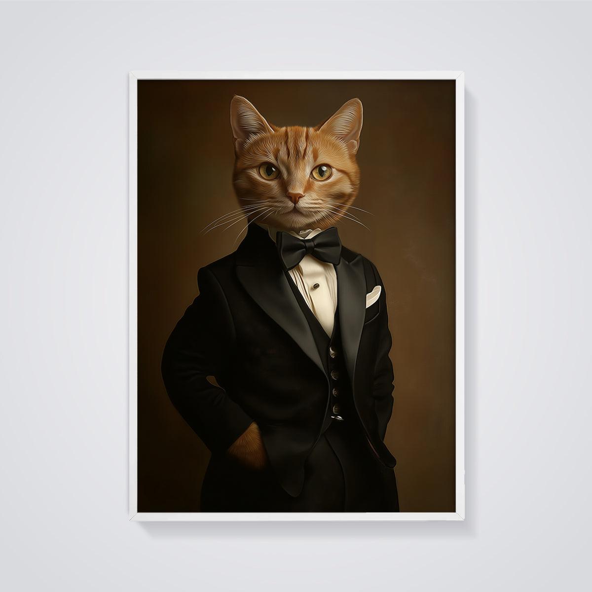 Gentleman Cat Tuxedo Print framed in white on a grey background