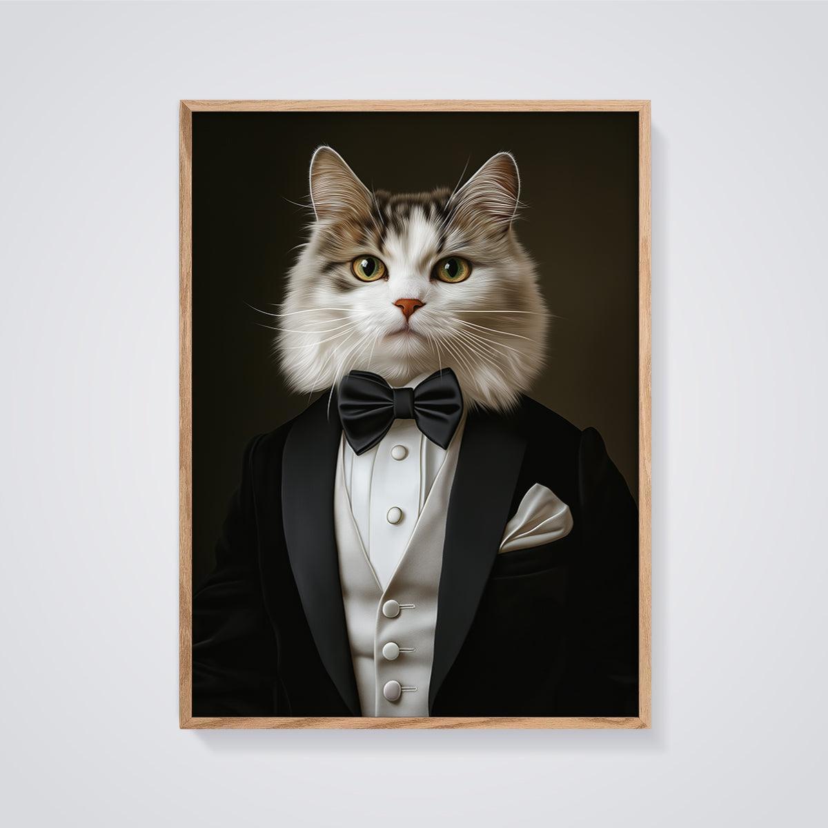 Gentleman Cat Tuxedo Print Aesthetic framed in oak on a grey background