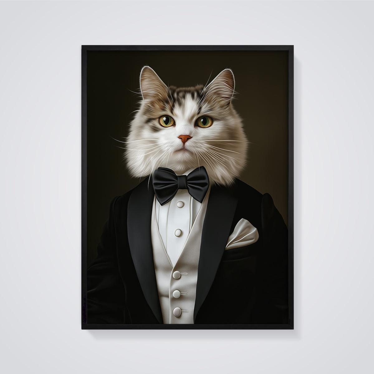Gentleman Cat Tuxedo Print Aesthetic framed in black on a grey background