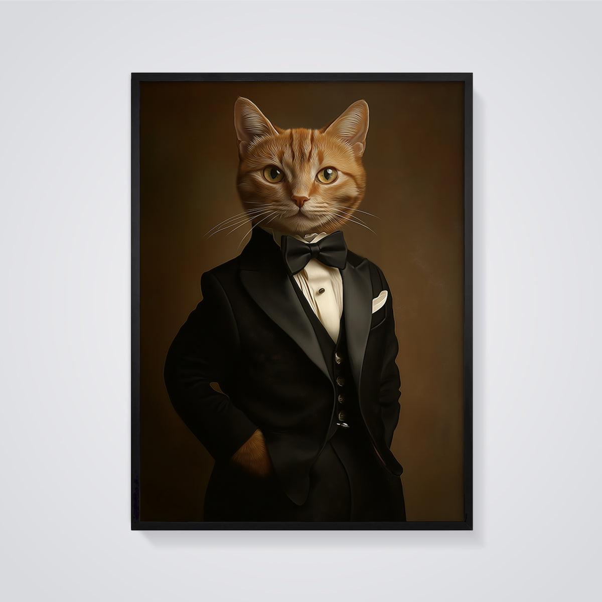 Gentleman Cat Tuxedo Print framed in black on a grey background