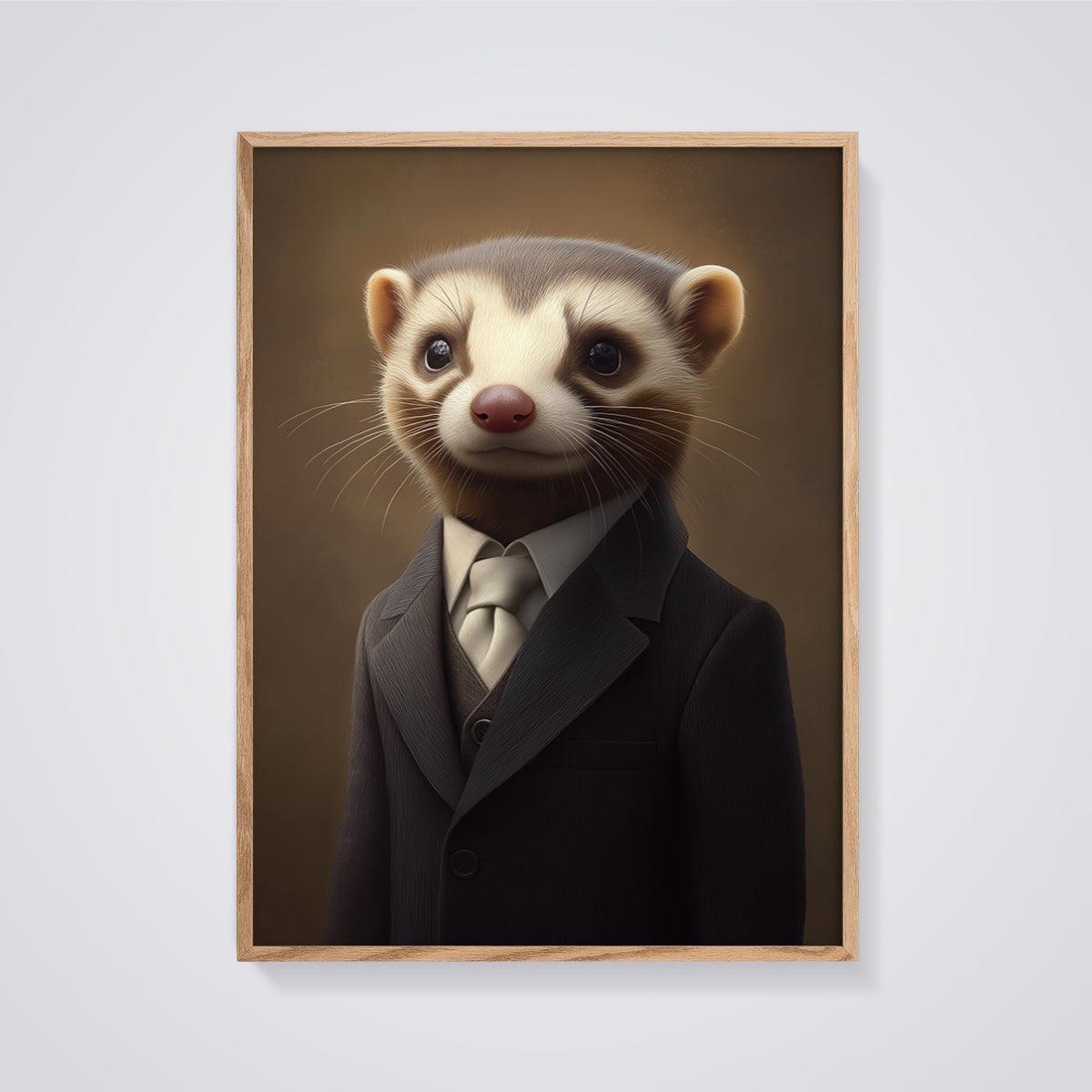 Gentleman Ferret Portrait Print framed in oak on a grey background