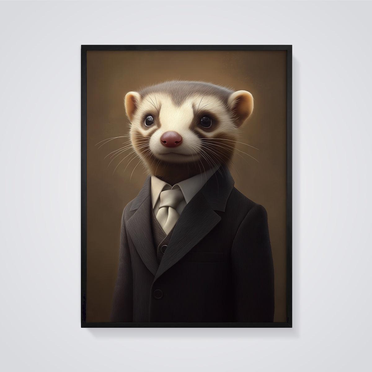 Gentleman Ferret Portrait Print framed in black on a grey background