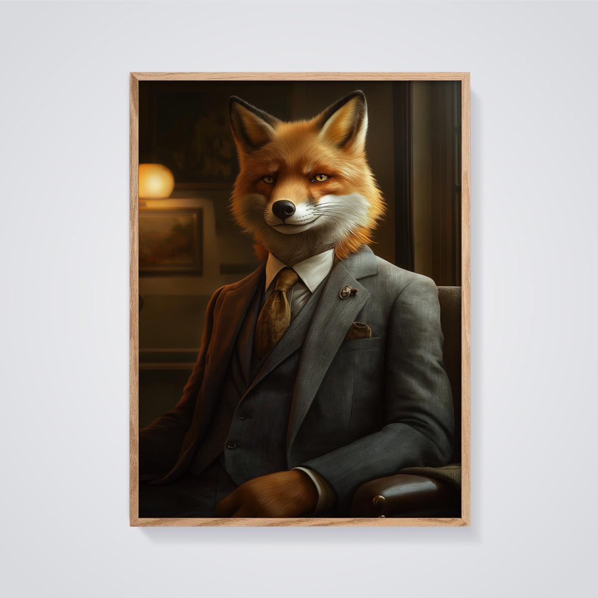 Gentleman Fox Portrait Print framed in oak on a grey background