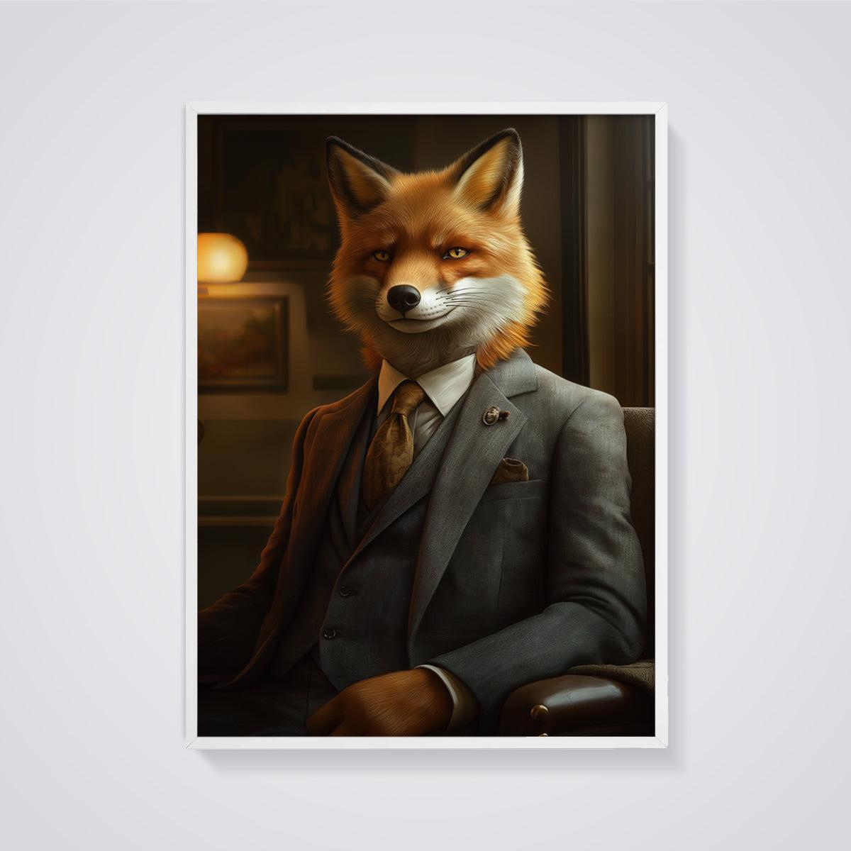 Gentleman Fox Portrait Print framed in white on a grey background