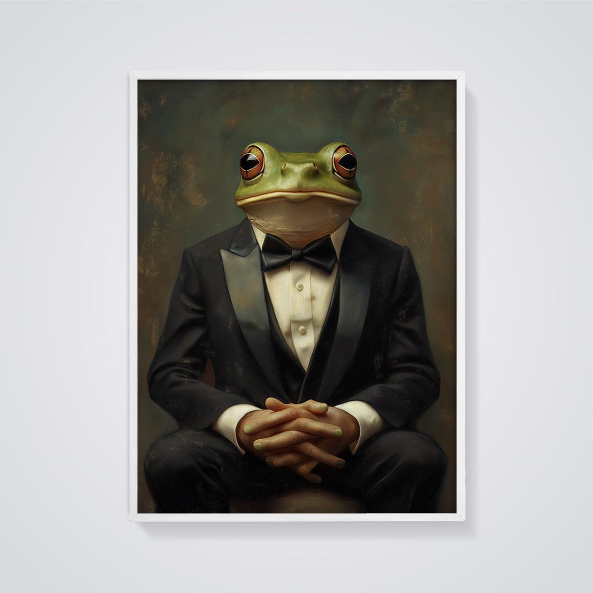 Gentleman Frog Tuxedo Print framed in white on a grey background
