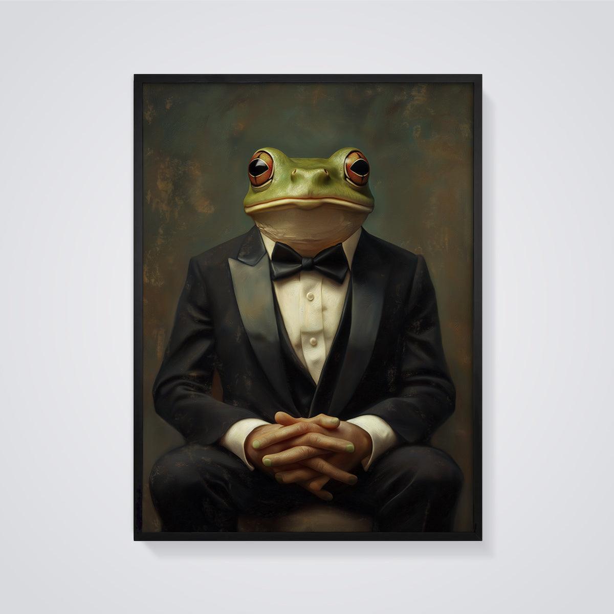 Gentleman Frog Tuxedo Print framed in black on a grey background