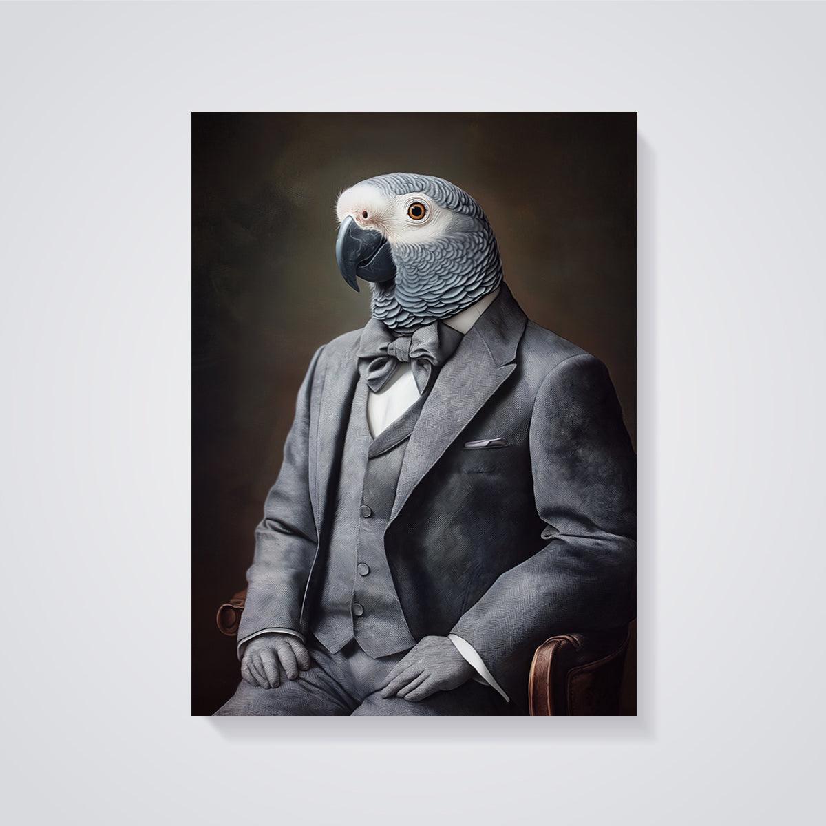 Gentleman Grey Parrot Print unframed on a grey background