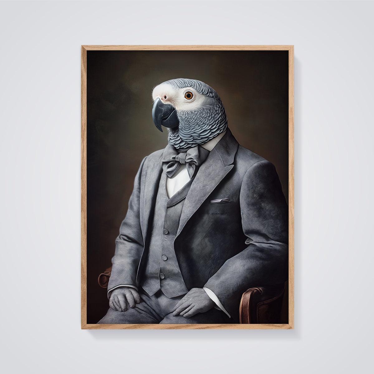 Gentleman Grey Parrot Print framed in oak on a grey background
