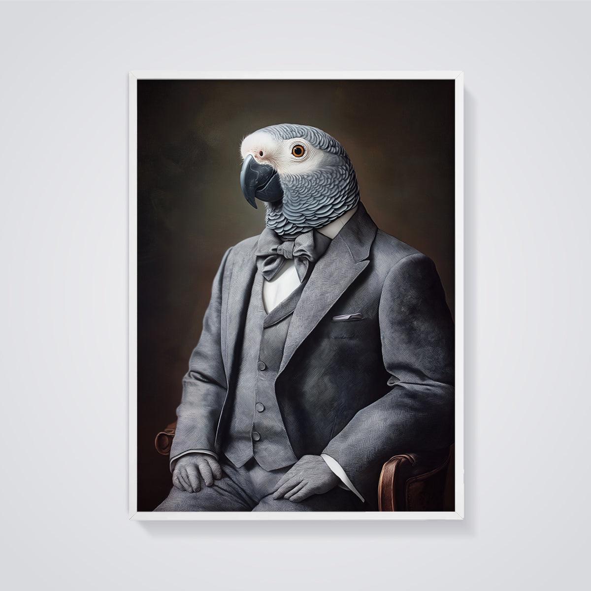 Gentleman Grey Parrot Print framed in white on a grey background
