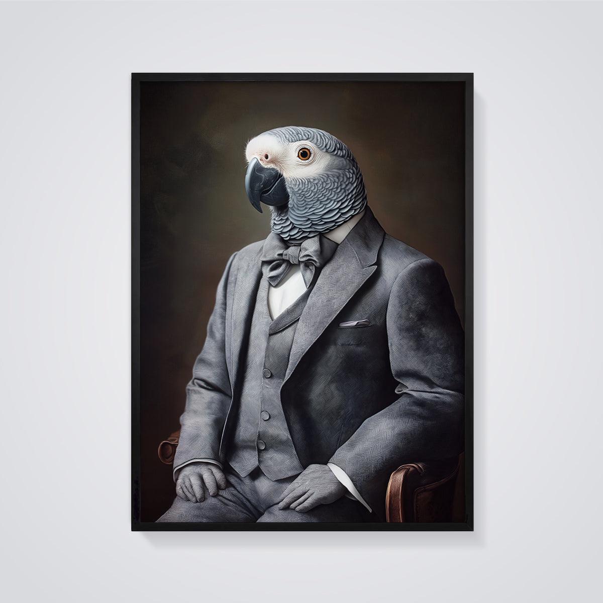 Gentleman Grey Parrot Print framed in black on a grey background
