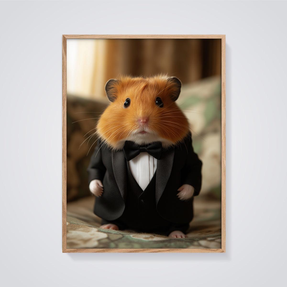 Gentleman Hamster Print framed in oak on a grey background