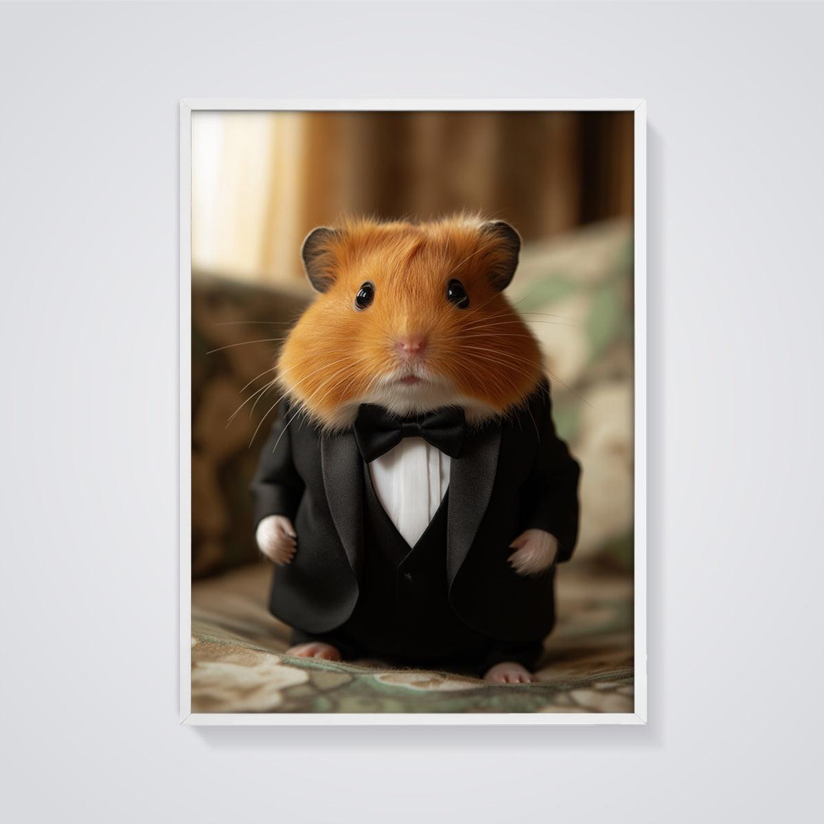 Gentleman Hamster Print framed in white on a grey background