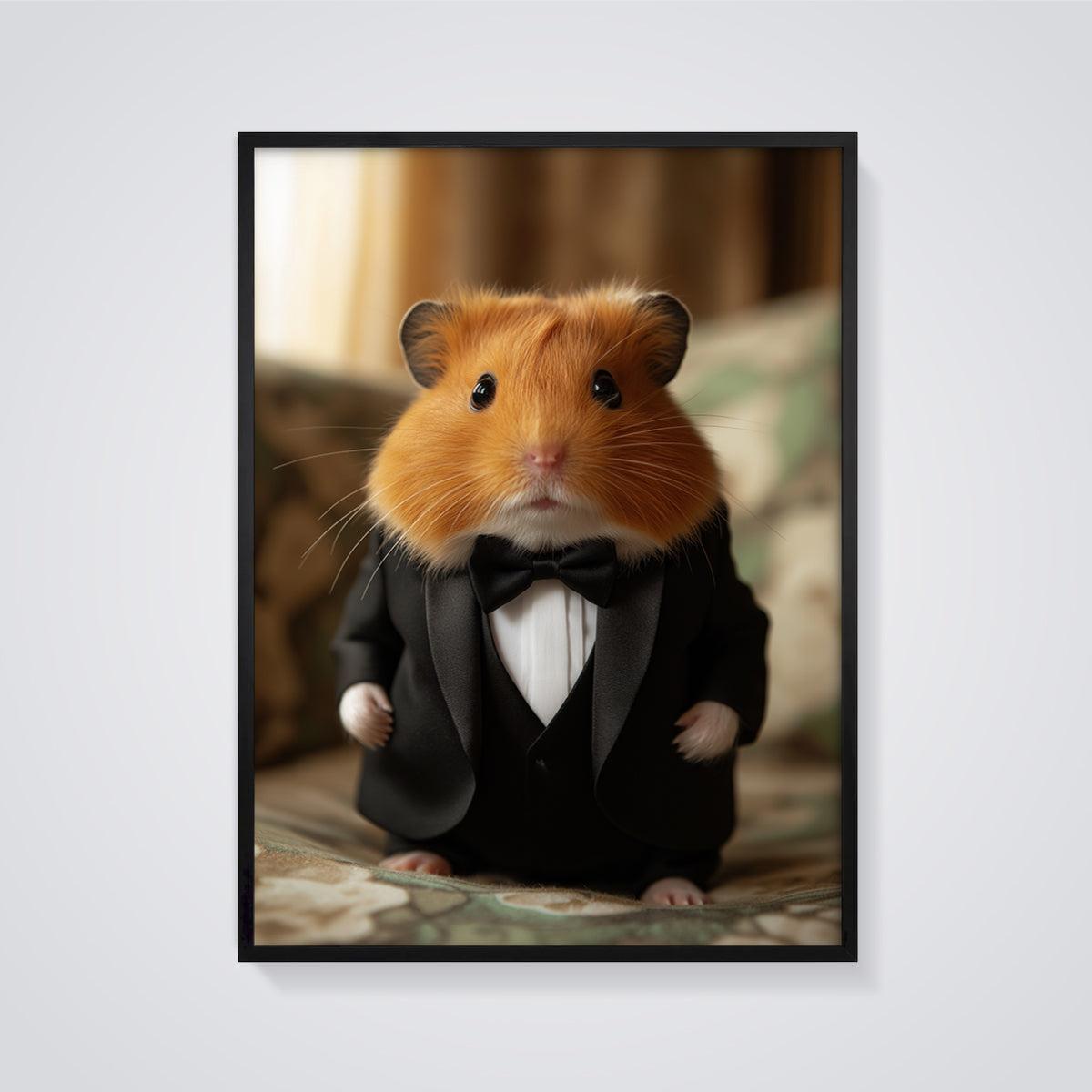Gentleman Hamster Print framed in black on a grey background