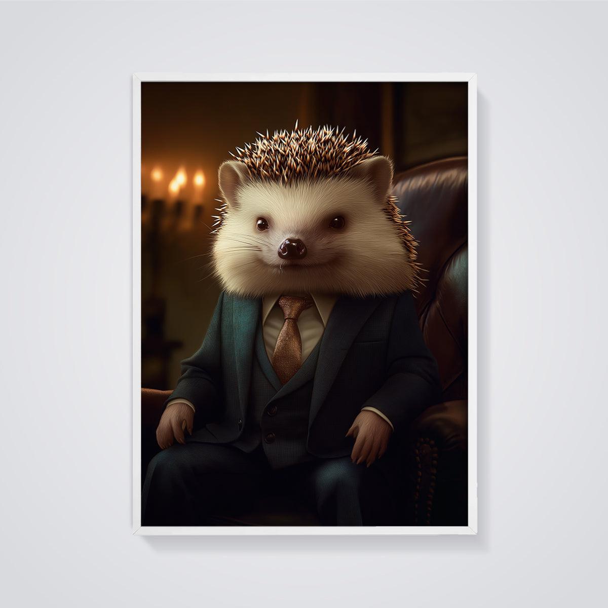 Gentleman Hedgehog Print framed in white on a grey background
