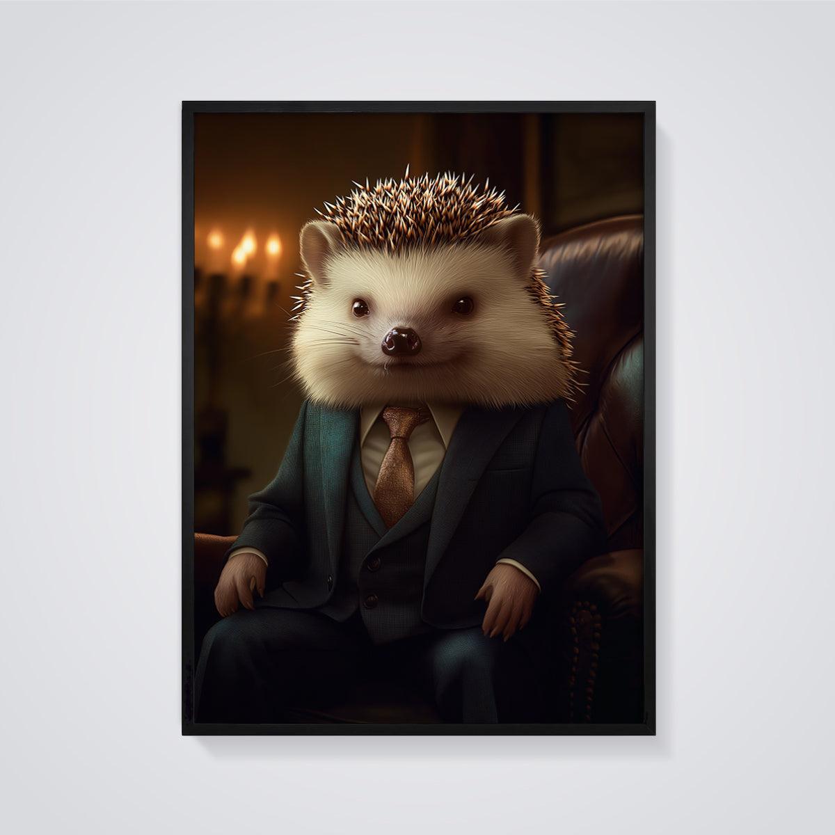 Gentleman Hedgehog Print framed in black on a grey background