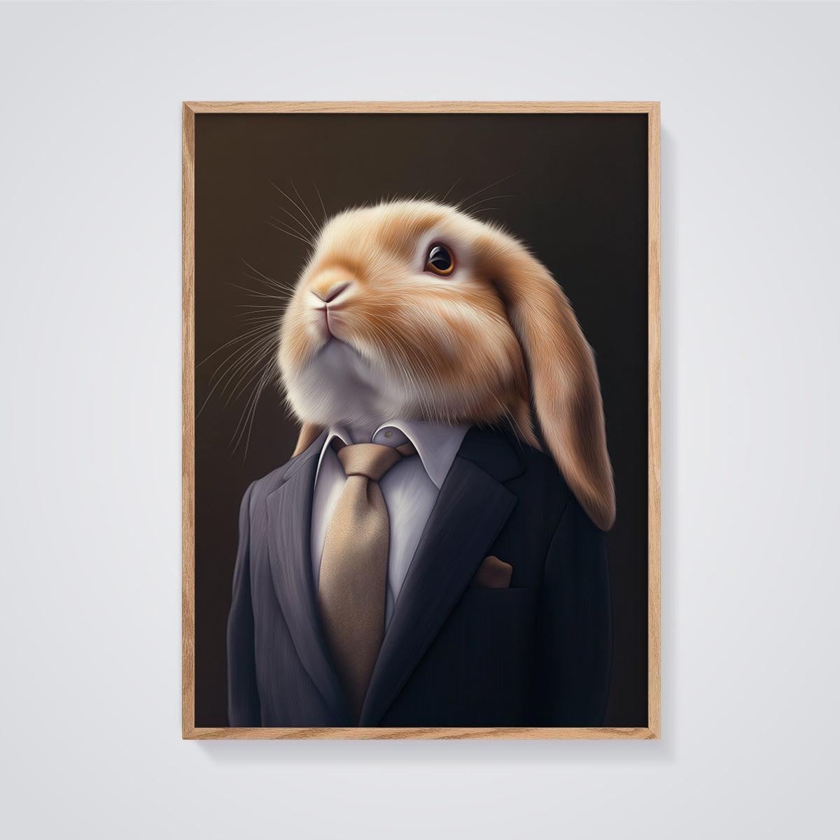 Gentleman Rabbit Print framed in oak on a grey background