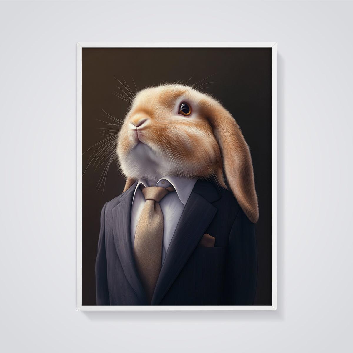 Gentleman Rabbit Print framed in white on a grey background