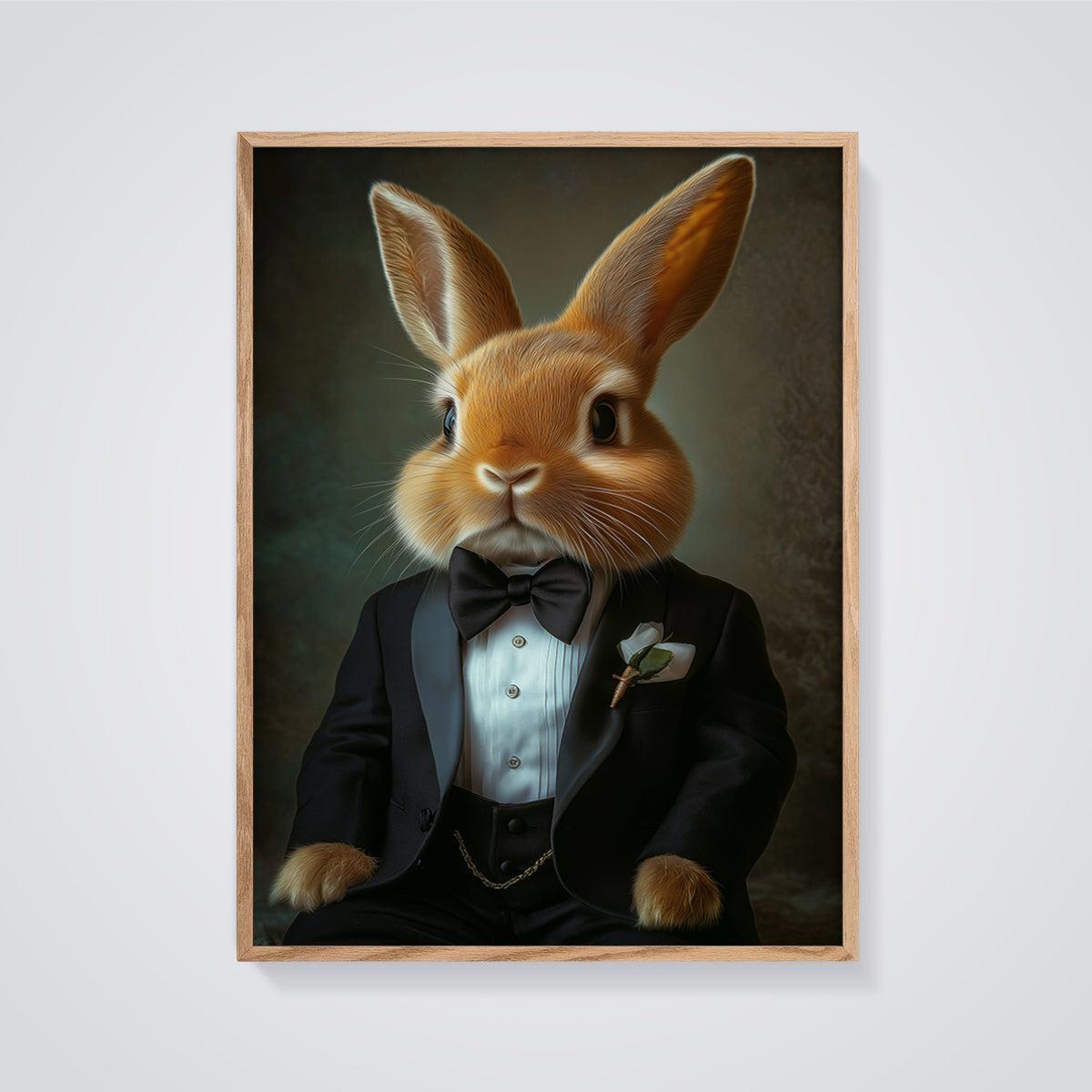 Gentleman Rabbit Tuxedo Print framed in oak on a grey background