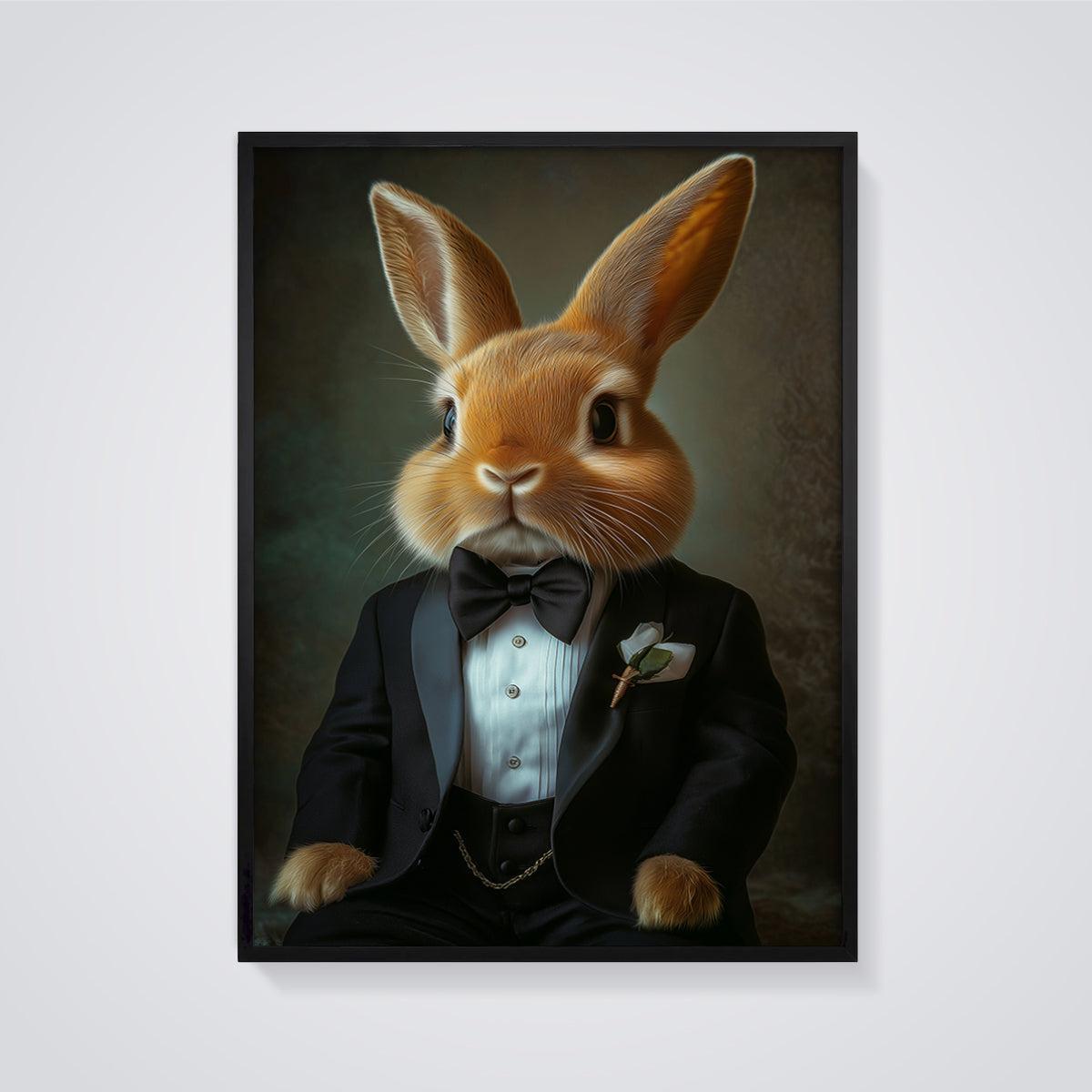 Gentleman Rabbit Tuxedo Print framed in black on a grey background