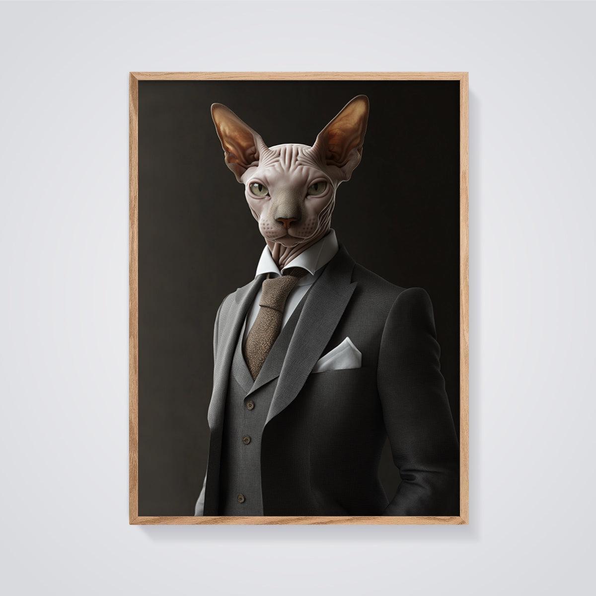 Gentleman Sphynx Print Aesthetic framed in oak on a grey background