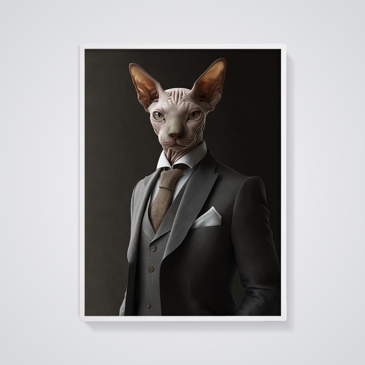 Gentleman Sphynx Print Aesthetic framed in white on a grey background