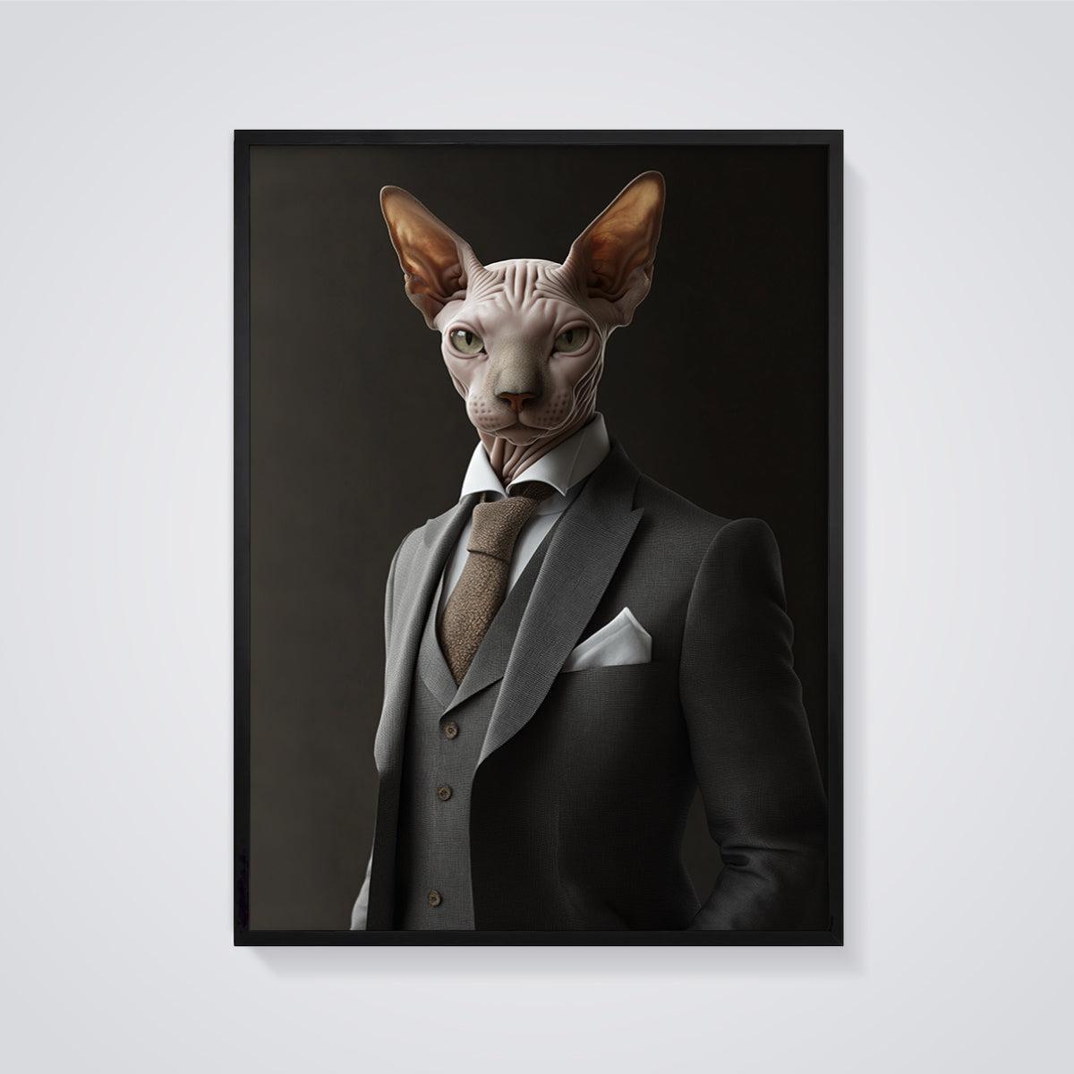 Gentleman Sphynx Print Aesthetic framed in black on a grey background