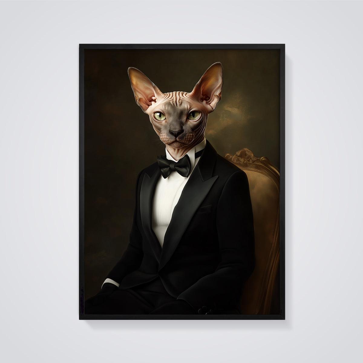 Gentleman Sphynx Print framed in black on a grey background