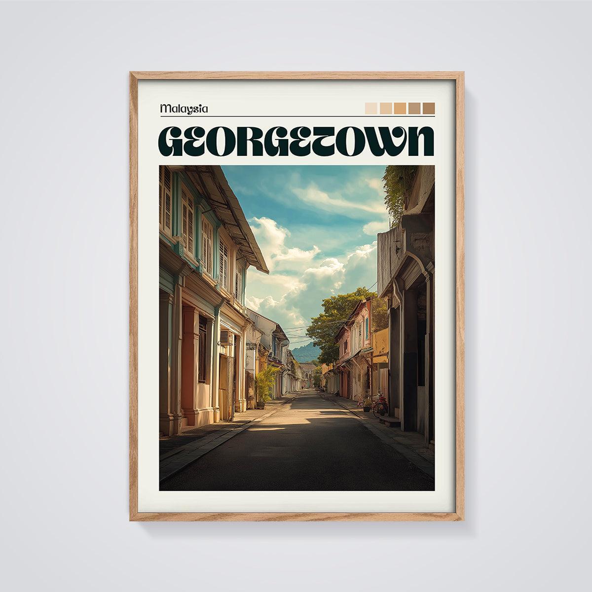 Georgetown Shophouse Street Print framed in oak on a grey background