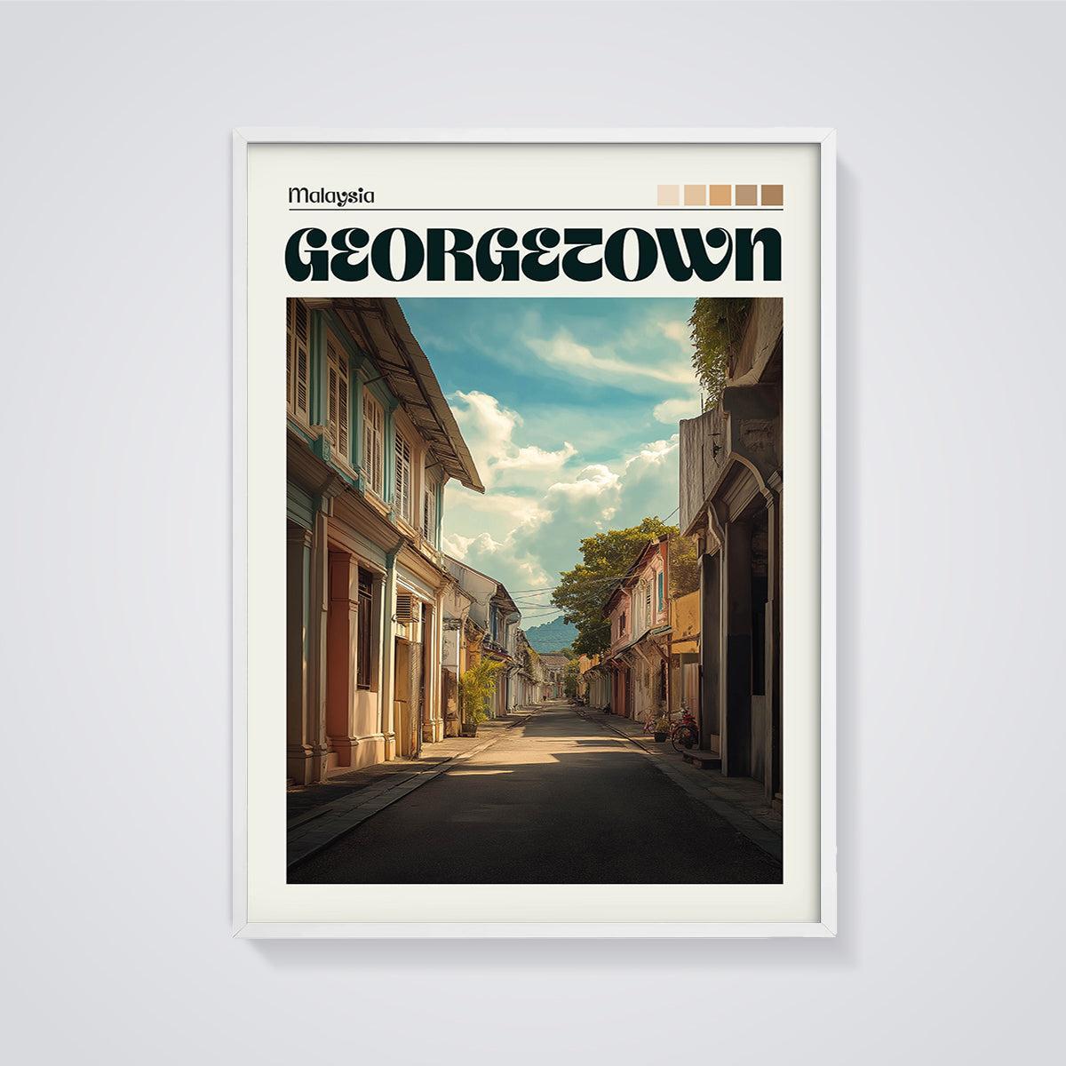 Georgetown Shophouse Street Print framed in white on a grey background