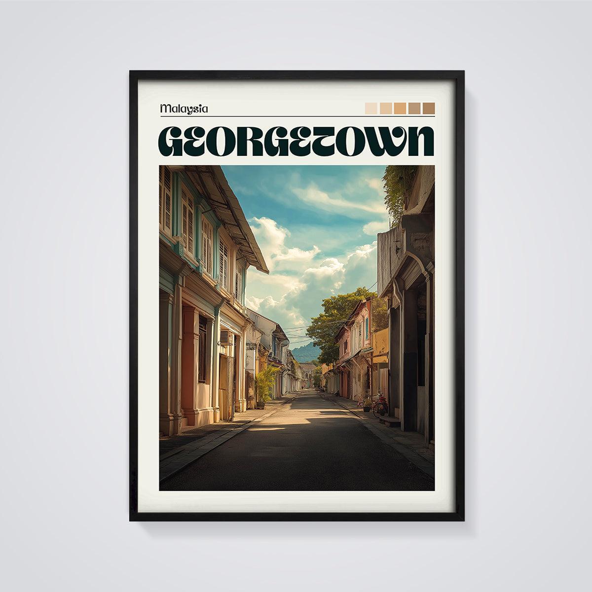 Georgetown Shophouse Street Print framed in black on a grey background