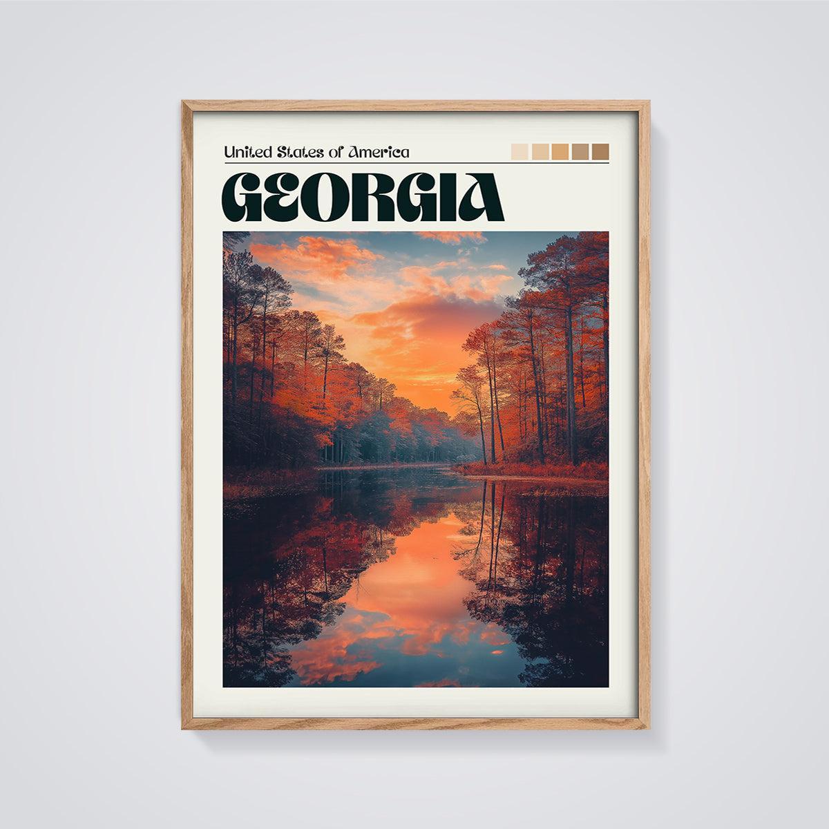 Georgia Lake Sunset Print framed in oak on a grey background