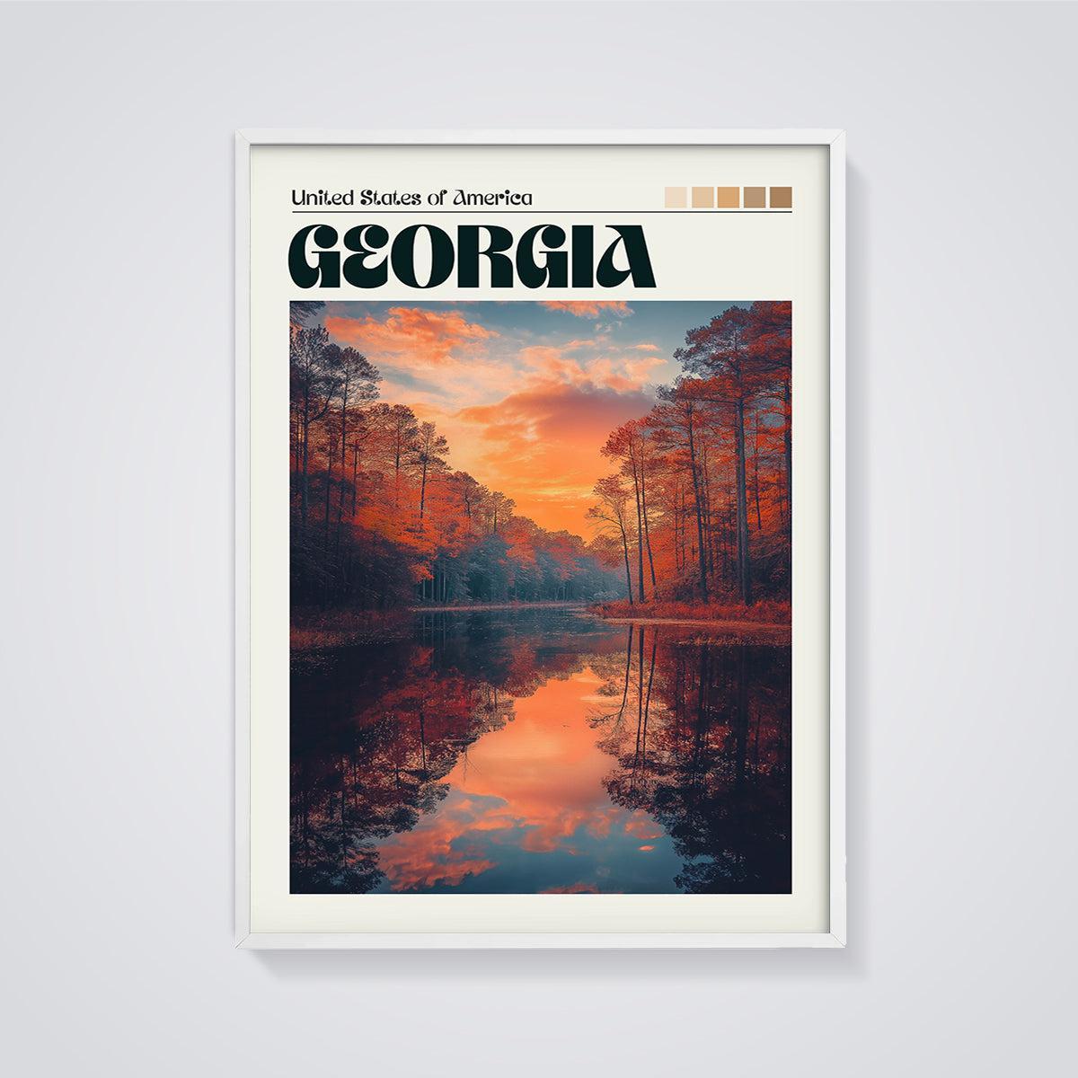 Georgia Lake Sunset Print framed in white on a grey background