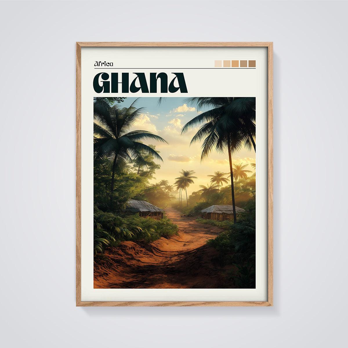 Ghana Tropical Pathway Print framed in oak on a grey background