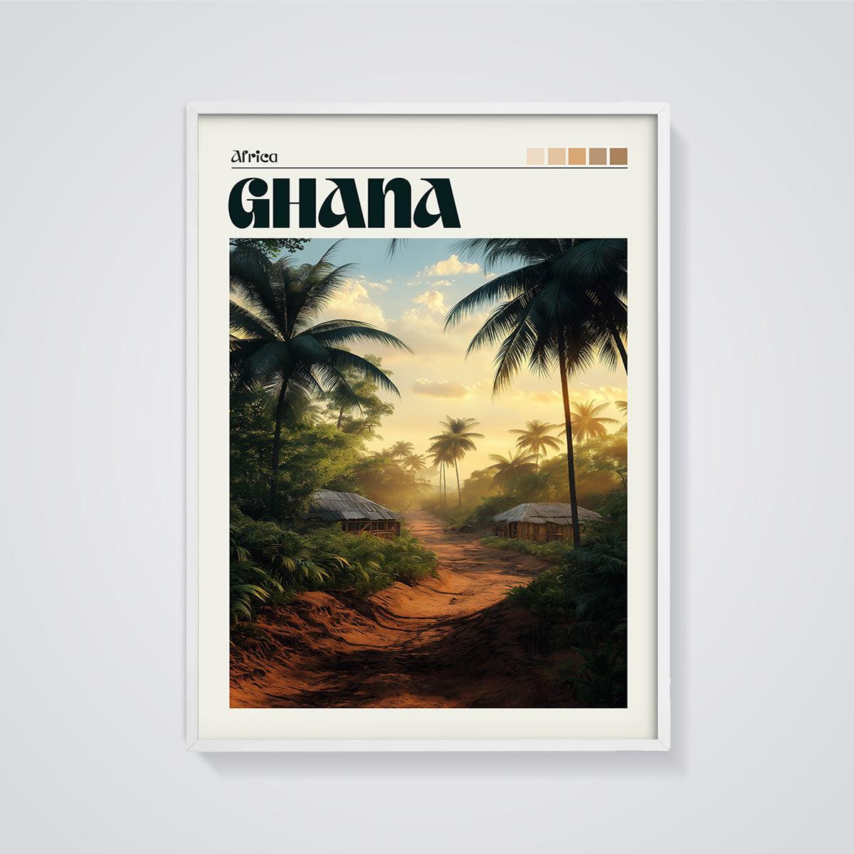 Ghana Tropical Pathway Print framed in white on a grey background