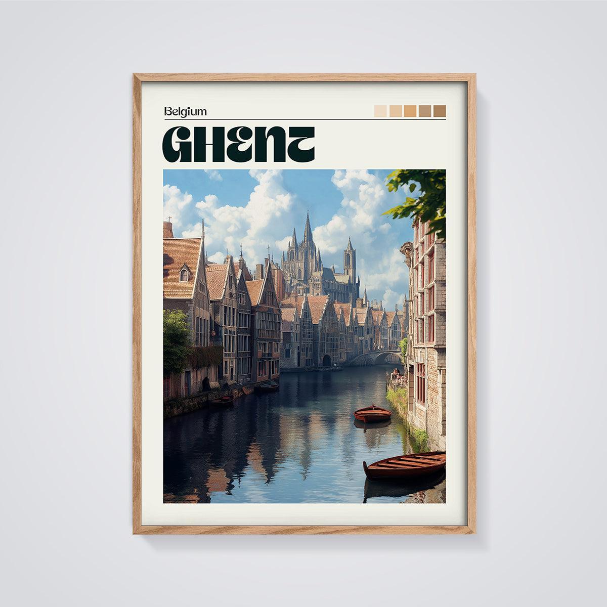 Ghent Belgium Canal Print framed in oak on a grey background
