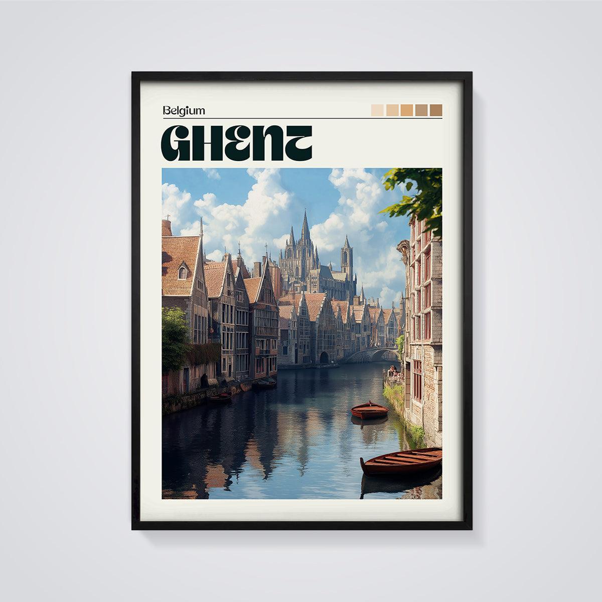 Ghent Belgium Canal Print framed in black on a grey background