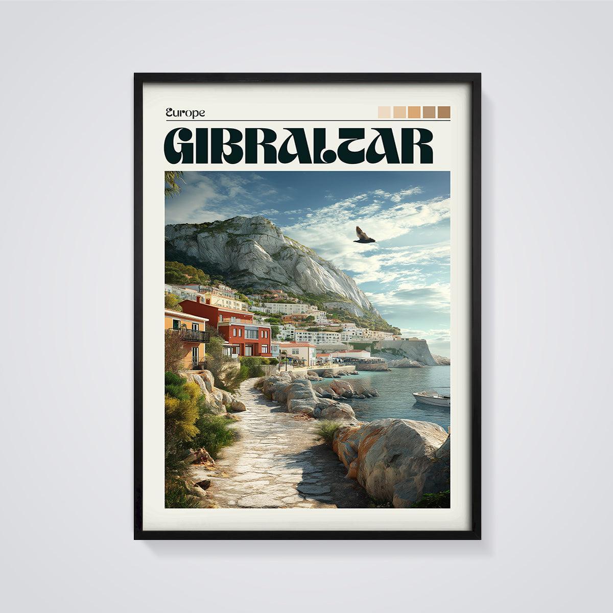 Gibraltar Coastal Village Print framed in black on a grey background