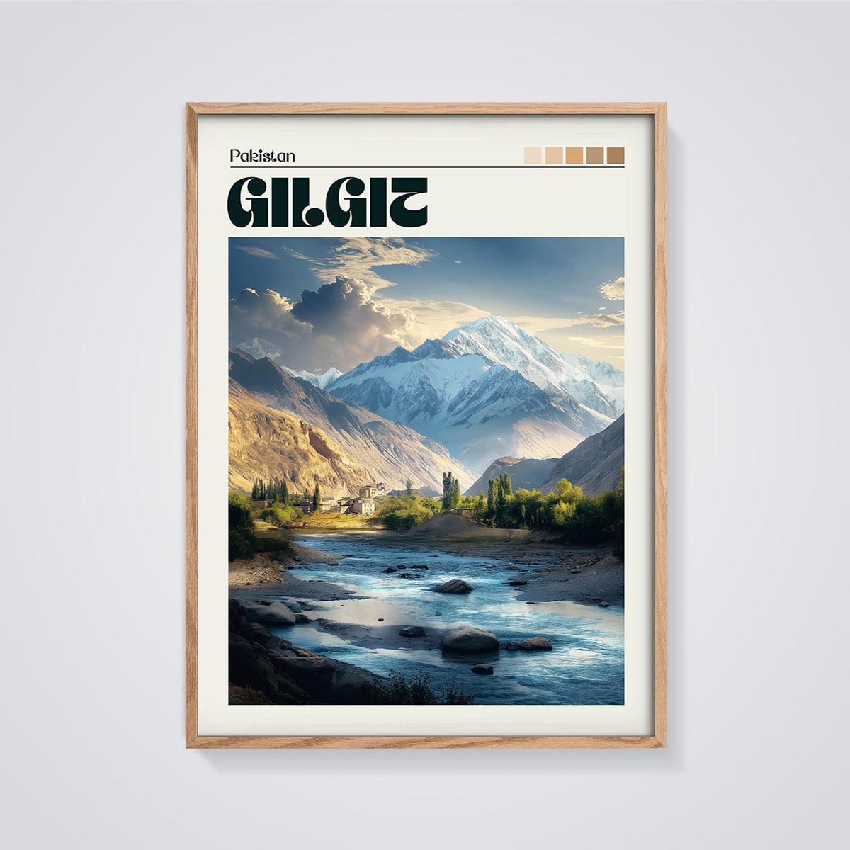 Gilgit, Pakistan Mountain River Print framed in oak on a grey background