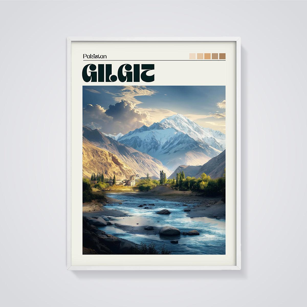 Gilgit, Pakistan Mountain River Print framed in white on a grey background