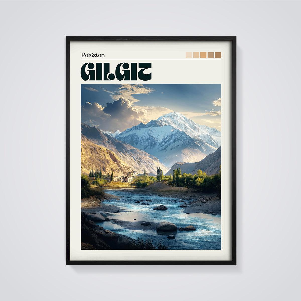 Gilgit, Pakistan Mountain River Print framed in black on a grey background