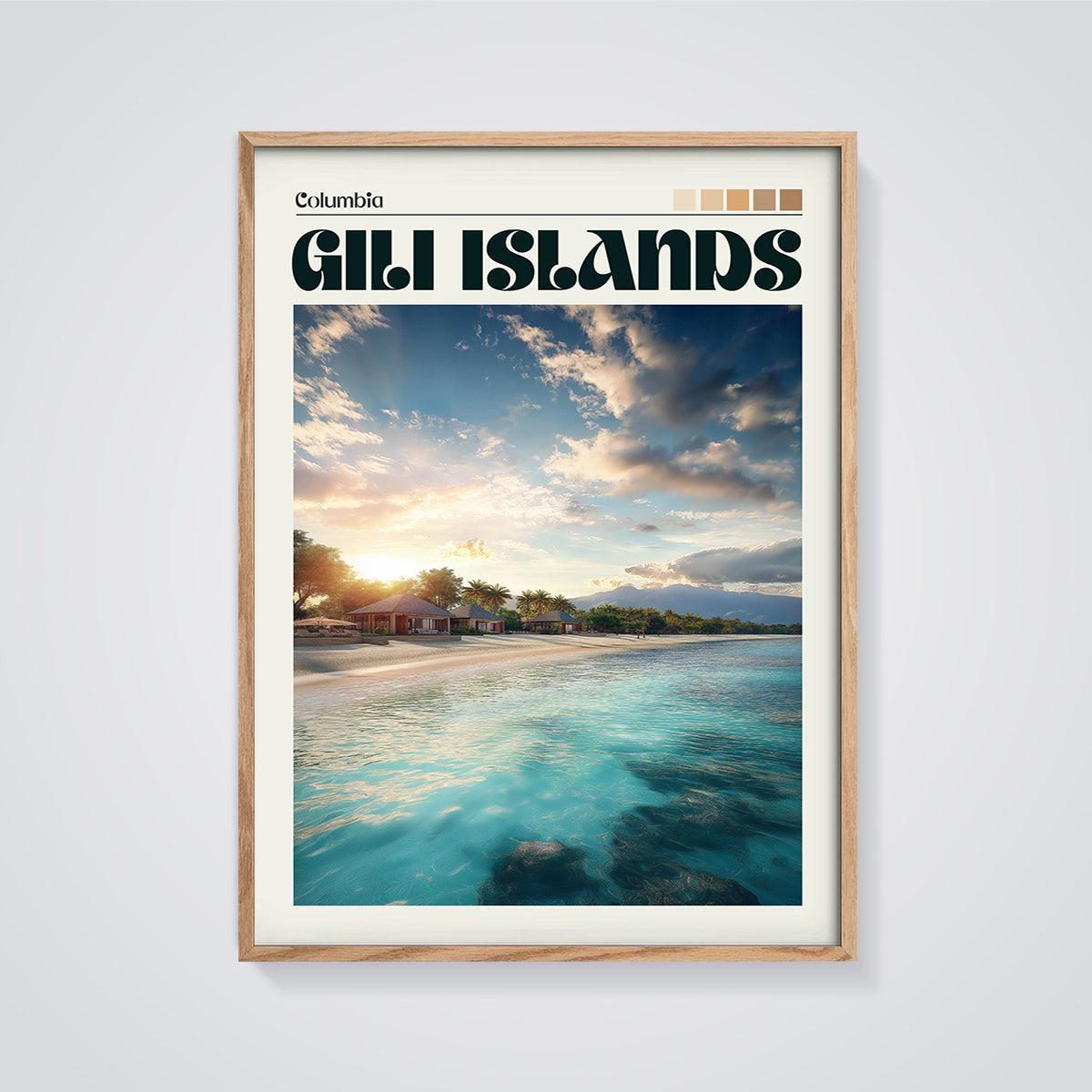 Gili Islands Sunset Beach Print framed in oak on a grey background