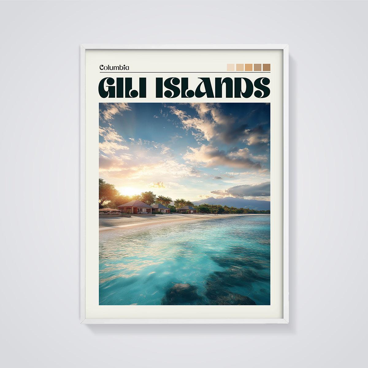 Gili Islands Sunset Beach Print framed in white on a grey background
