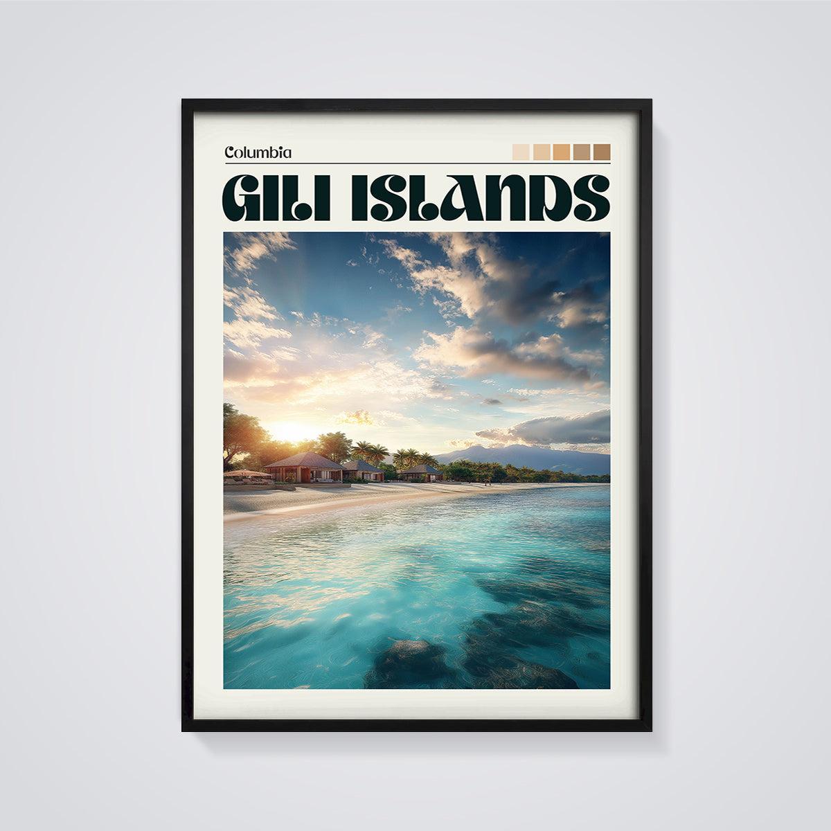 Gili Islands Sunset Beach Print framed in black on a grey background