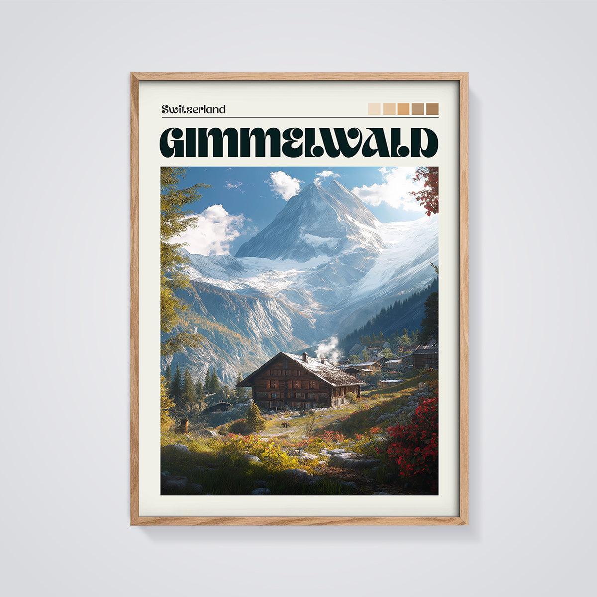 Gimmelwald Swiss Alps Print framed in oak on a grey background