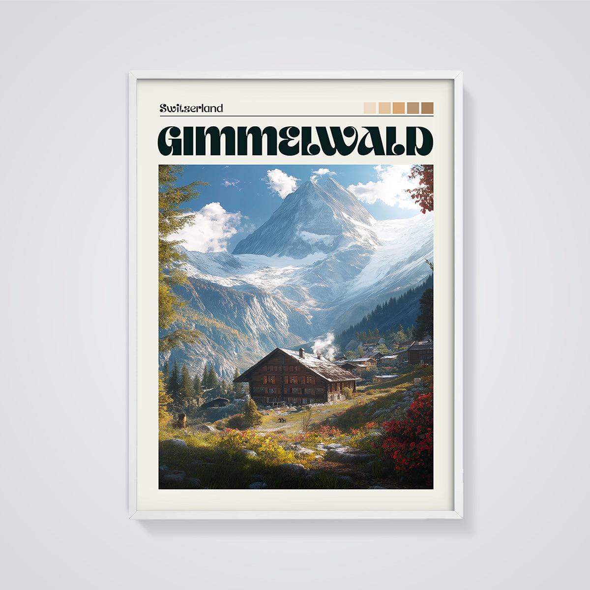 Gimmelwald Swiss Alps Print framed in white on a grey background